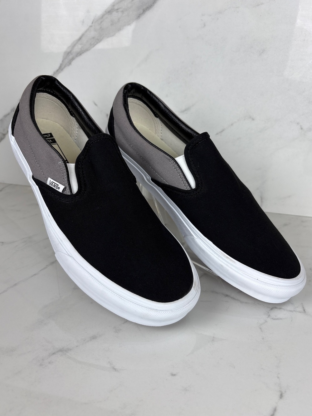 Vans Classic Slip-On WIDE Customs Black Grey Canvas Shoes Men 11.5W / Women 13